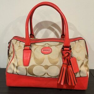 Coach Legacy Signature Haley Satchel in a khaki and coral/orange EUC